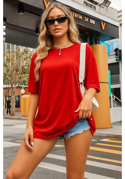 Düz Oversize Unisex Tişört Ycb3 Kirmizi