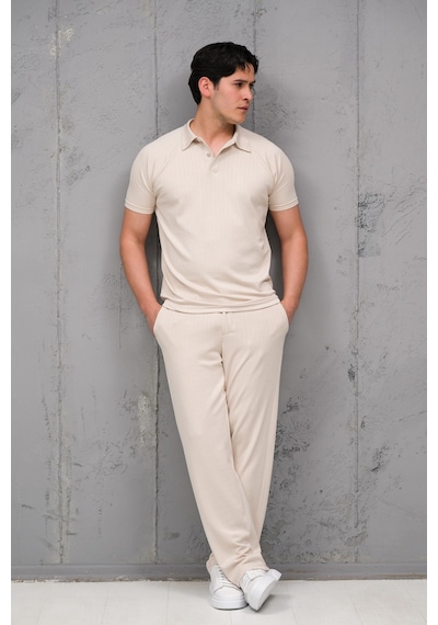 Mass Plus Regular Fit Likralı Kendinden Çizgili Yarım Baggy Pantolonlu T-shirt Takım Krem