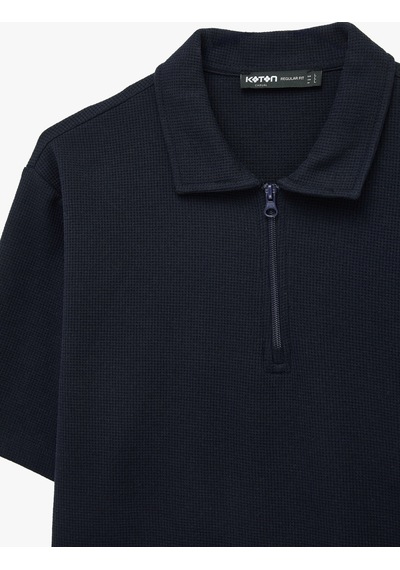 Koton Regular Fit Kısa Kollu Waffle Dokulu Yarım Fermuarlı Polo Yaka Tişört Lacivert 6sam10289mk