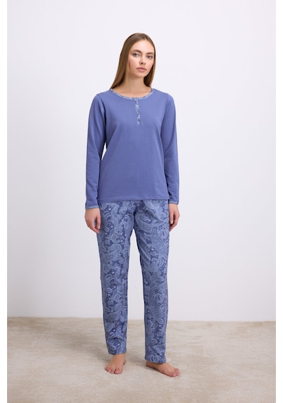 Man11566-1085 Anil Ev Giyim Anıl Kadın Uzun Kollu T-shirt Ve Desenli Pantolon Pijama Takımı 11566 Çivit