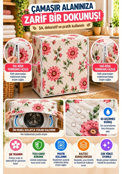 Çiçek Desenli Çamaşır Makinesi Örtüsü Kapitone Fermuarlı Koruyucu Kılıf 63x58x84 Cm Pembe Beyaz Renk