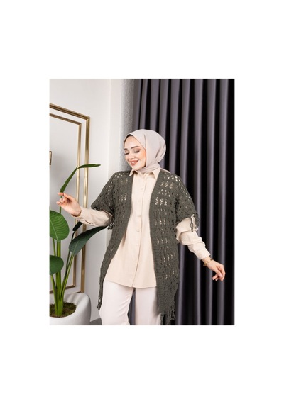 Hira Life Fashion Kadın Mevsimlik Saçaklı Ve Ajurlu Pamuk Triko Hırka Haki Haki