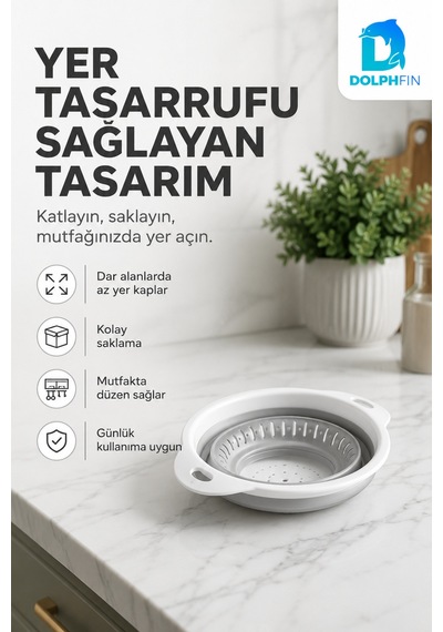 Katlanır Yuvarlak Süzgeç Mutfak Pratik Kullanım Gereci Beyaz - Gri