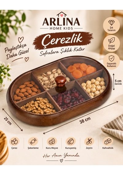 6 Bölmeli Kapaklı Şık Oval Akasya Çerezlik Ahşap