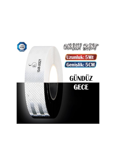 Badem10 Tüvtürk Onaylı Bant Beyaz 5 Metre 5 Cm Belgeli Reflektörlü Reflektif Fosforlu Şerit Bant İkaz Bandı