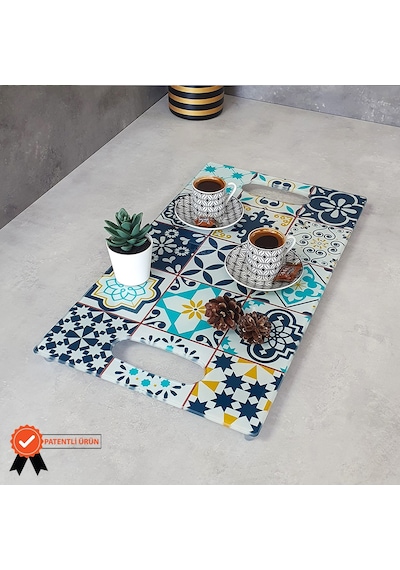 Decorita Cam Tepsi Mavi Çini Desen 29Cm X 52Cm