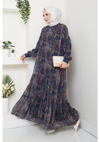 Hb Harma Time Butik Kadın Astarlı Lacivert Şifon Şal Desen Elbise Lacivert Lacivert