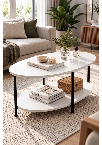 Oval Orta Sehpa 90 Cm İki Katlı Raflı Metal Ayaklı Modern Dekoratif Salon Sehpası Beyaz