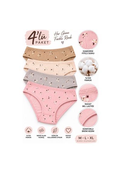 Westicgiyim Kadın Kaşkorse Fitilli Bikini Külot 4 Lü Paket %100 Pamuk Desenli Asorti Renk M-l-xl çok Renkli
