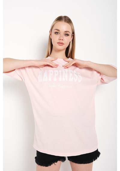 Flood Of Style Kadın Pudra Pembe Happıness Baskılı Oversize Tshirt