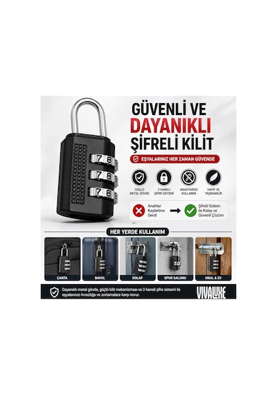 40mm 3 Haneli Şifreli Asma Kilit Çelik Gövde Anahtarsız Güvenlik Bavul Dolap Çanta Spor Salonu