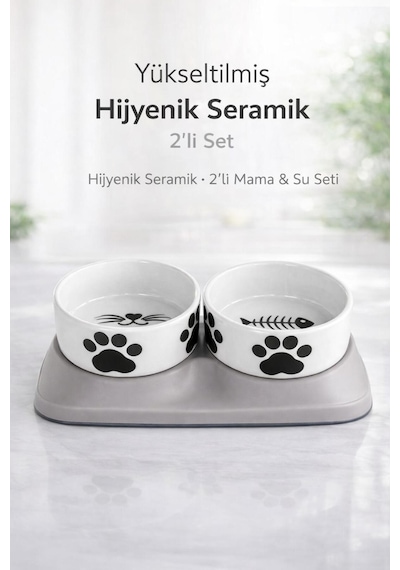 Premium Yükseltilmiş İkili Seramik Kedi Mama Ve Su Kabı