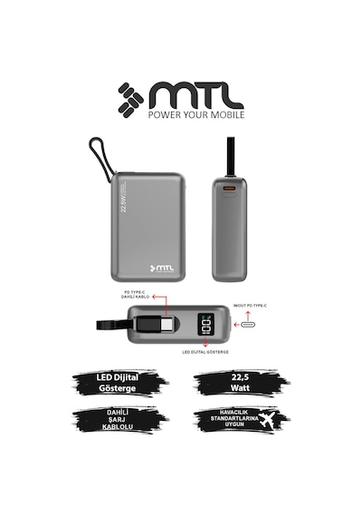 20000 Mah 22.5w Süper Hızlı Şarj Dahili Kablolu Led Göstergeli Pd Ve Qc 3.0 Powerbank Mt4550 Gri