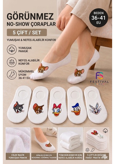 Festival Socks 5 Çift Kadın Görünmez Çorap Pamuklu No Show Babet Çorap Kaymaz Günlük Sneaker Çorabı 36-41 Beyaz Festival Socks 5 Çift Kadın Görünmez Çorap Pamuklu No Show Babet Çorap Kaymaz Günlük Sneaker Çorabı 36-41 Beyaz