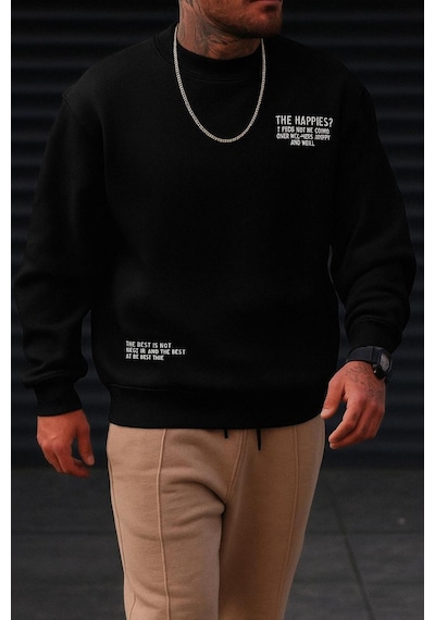 Benroma 3 İplik Penye The Happıes Baskılı Unisex Sweatshırt SIYAH