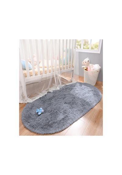 Gri Oval Post Halı Kesme Yolluk Peluş Yumuşak Kaymaz Dot Taban