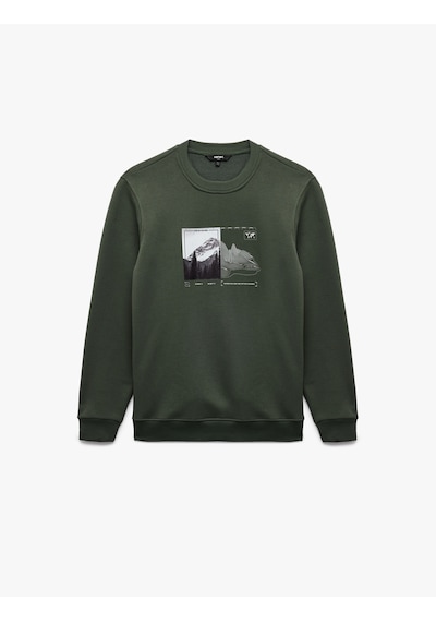 Koton Uzun Kollu Şardonlu Bisiklet Yaka Baskılı Sweatshirt Haki 6wam70161mk Haki