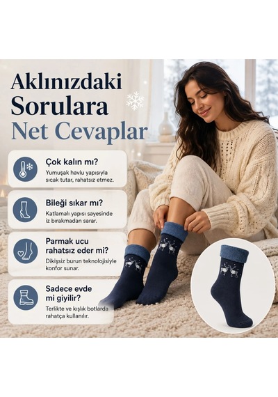 Genel 6 Lı Kadın Kışlık Havlu Çorap Sıcak Tutan Karışık Desenli Yumuşak Çoklu Lacivert / 36-40 / 6 Adet