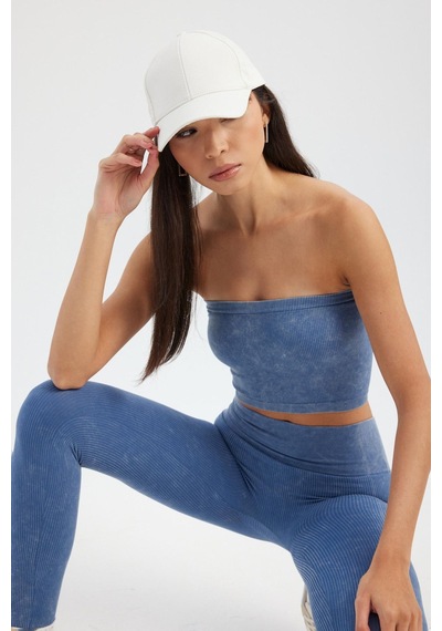 Hiccup Asit Yıkanmış Straplez Nervürlü Crop Top Peygamber Çiçeği Mavisi