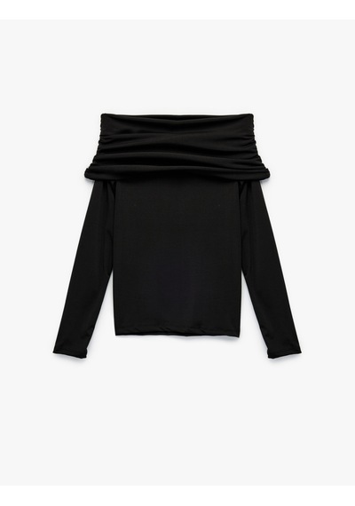 Koton Slim Fit Uzun Kollu Drapeli Omzu Açık Tişört Siyah 6wak80032ek SIYAH