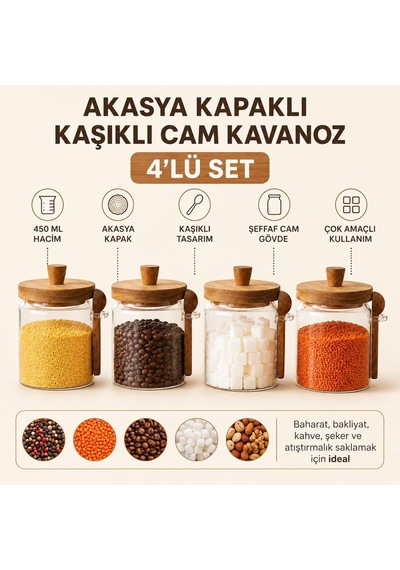 Akasya Kapaklı Kaşıklı Cam Kavanoz 450 Ml 4'lü Set, Şeffaf Cam Saklama Kavanozu, Ahşap Kapaklı Kaşıklı Mutfak Düzenleyici, Baharat Kahve Şeker Bakliyat Kuruyemiş Kavanozu Çok Renkli Akasya Kapaklı Kaşıklı Cam Kavanoz 450 Ml 4'lü Set, Şeffaf Cam Saklama Kavanozu, Ahşap Kapaklı Kaşıklı Mutfak Düzenleyici, Baharat Kahve Şeker Bakliyat Kuruyemiş Kavanozu Çok Renkli