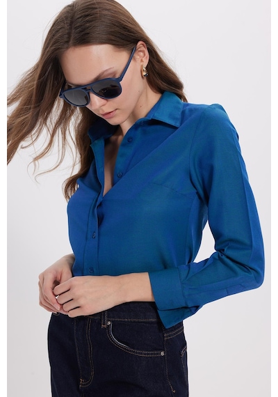 Tudors Kadın Slim Fit Dar Kesim Uzun Kollu Pamuklu Vücuda Oturan Dokulu Açık Petrol Basic Gömlek-38819 Petrol