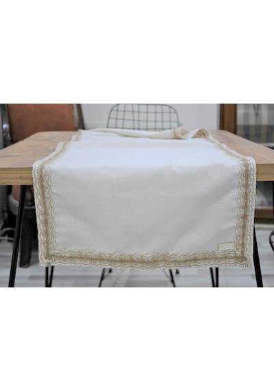 Dnc Home Tekstil Ndchome Özel Tasarım Organik Keten Krem Kum Rengi Dantelli Runner Masa Örtüsü 45 X 150 Krem