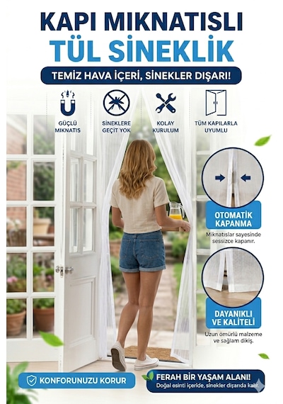 Mıknatıslı Tül Sineklik 105x205 Cm Kendiliğinden Açılıp Kapanan Kapı Sinekliği Kolay Montaj W105 X H210cm