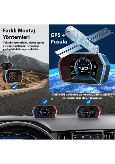 Ayrex Ally P17 Hud Obd2 & Gps Çift Sistemli Araç Bilgisayarı / Dijital Kilometre, Su Ve Yağ Sıcaklığı Ölçer, H