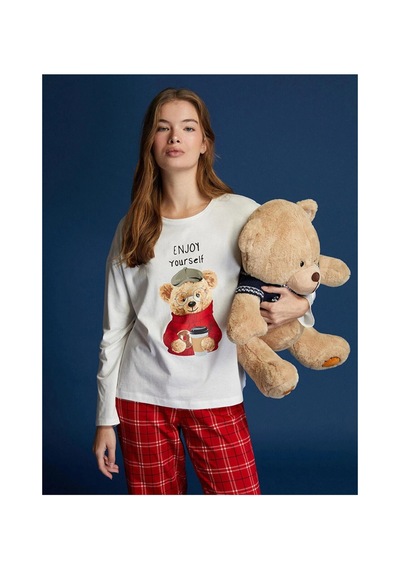 LC Waikiki Lcw Dream Kırmızı Bisiklet Yaka Baskılı Kadın Pijama Takımı Red Prınted