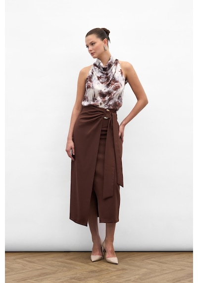 Sateen Aksesuar Kuşaklı Yırtmaçlı Etek - Kahve-136887 Kahve