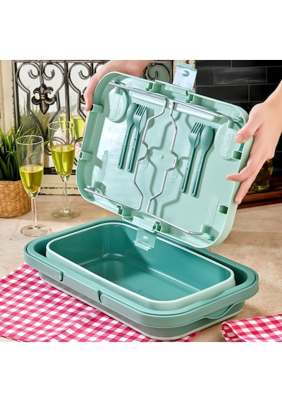 Bigmate Portatif Katlanır Piknik Seti 25lt Silikon Sepetli Masalı Piknik Sepeti Yeşil
