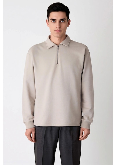 Benerly Erkek Gömlek Yaka Fermuarlı Uzun Kol Oversize Kalıp Sweatshirt Fo Gri