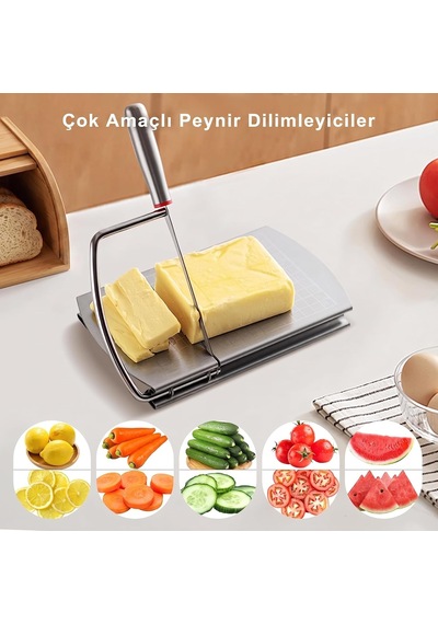 Paslanmaz Çelik Peynir Kesme Standı 22x12 Cm - Hassas Ölçekli Bıçaklı Peynir Dilimleyici, Tereyağı, Sebze, Meyve Ve Şarküteri Kesim Tahtası, Kaymaz Silikon Tabanlı