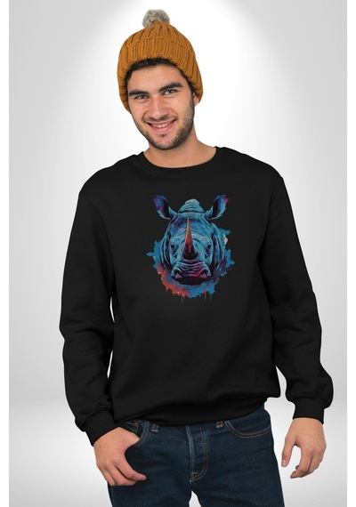 Su Aygırı Hipopotamo Renkli Kadın Erkek Siyah Baskılı Sweatshirt Siyah