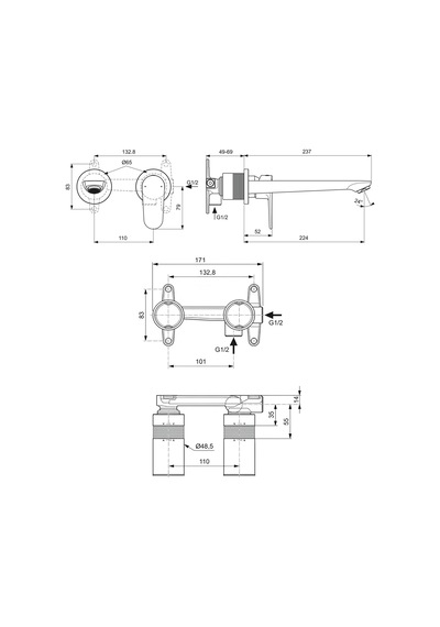 Ideal Standard Cerafine O Ankastre Lavabo Bataryası Seti, Mat Siyah, Kıt1 + Kıt2 2 Parça Siyah