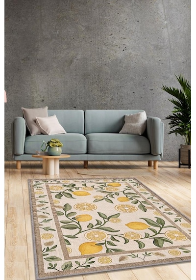 Homshtag Art Deco Limon Desenli Halı Bitki Temalı Sarı Renk Modern Limon Desenli Dijital Baskı Halı Çok Renkli