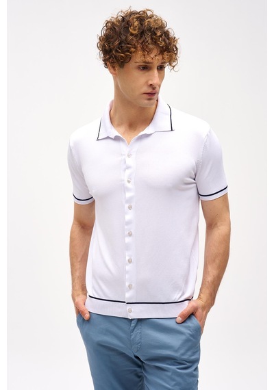 İgs Beyaz Slim Fit Dar Kalıp Düğmeli Polo Yaka Desenli Kısa Kollu Triko Tişört-16312