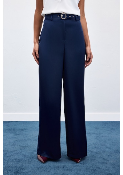 Sateen Kemer Detaylı Saten Pantolon - Lacivert-136950 Lacivert