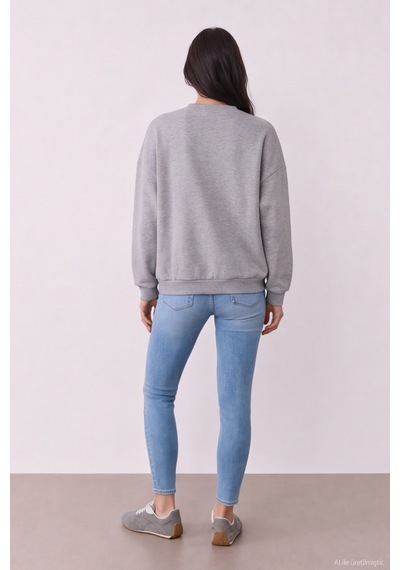 Quzu Baskı Nakış Detaylı Sweatshirt Gri Melanj