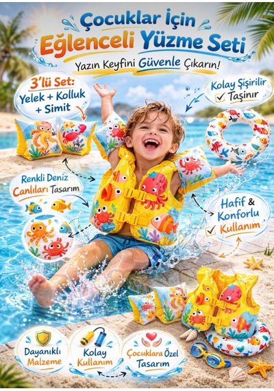 Havuz Ve Deniz Çocuk Yüzme Öğrenme, Deniz Kolluk, Havuz Simit Ve Can Yeleği Çocuk Yüzme Set