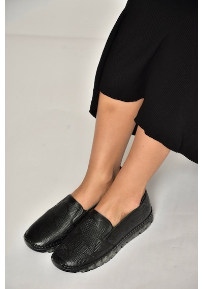 Fox Shoes Y555117003 Siyah Hakiki Deri Comford Ortopedik Taban Kadın Ayakkabı Siyah