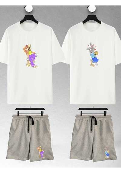 Unisex Kadın Erkek Bugs Bunny Ve Lola Baskılı Sevgili Çift Kombini Tasarım Oversize Tshirt Ve Şort Beyaz-gri Mck2309 Beyaz-Gri