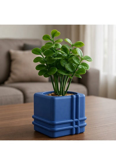 3d Baskı Square Planter - Izgara Desenli Küp Saksı-mavi