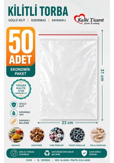Kilitli Torba 23x31 Cm 50'li Kilitli Buzdolabı Poşeti Şeffaf Naylon Torba Kilitli Saklama Poşeti