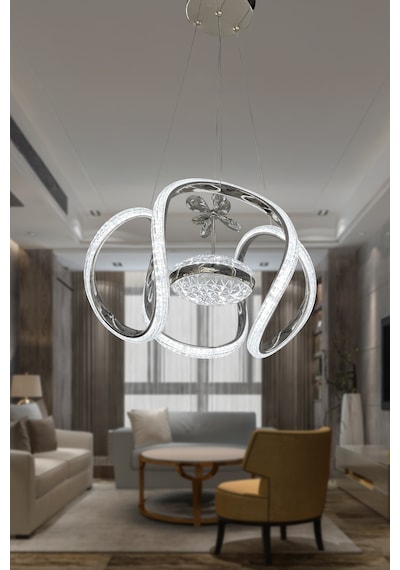 Dünya Eliza Simli Slikonlu Tek Toplu Modern Oturma Led Avizesi - Kumandalı / Krom Krom