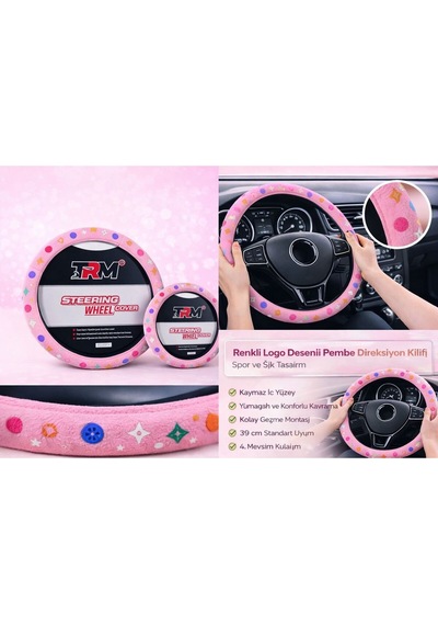 Logo Desenli Pembe Direksiyon Kılıfı -38 Cm - Spor Şık Tasarım Çok Renkli