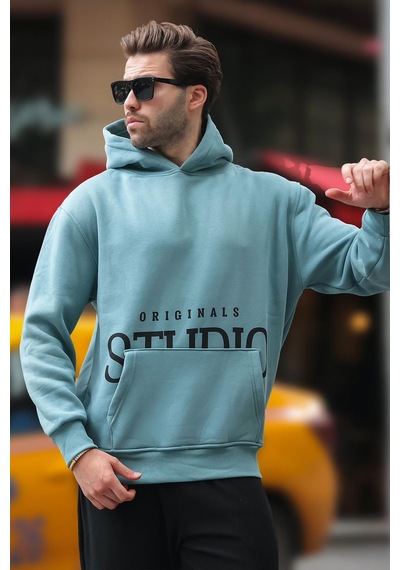 Madmext Mavi Kapüşonlu Baskılı Cep Detaylı Sweatshirt E7076 Mavi