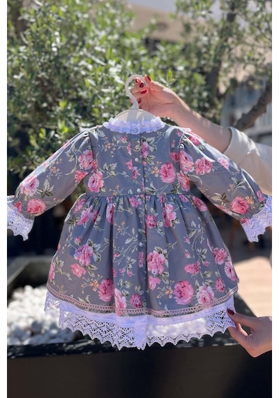 Dantel Süslemeli Çiçek Desenli Nervürlü Kız Çocuk Bebek Elbise 001