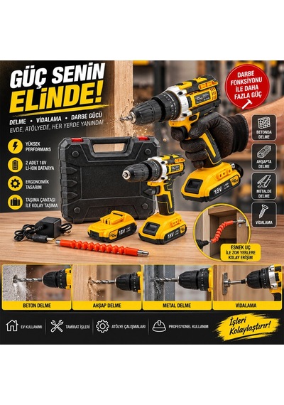 Şarjlı Matkap Seti 1850 Rpm 18w Çantalı Yedek Bataryalı Vidalama, Sarı Bx-316900
